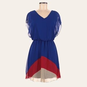 🌺 Sweet Storm Royal Blue Red & Tan Color Block Flowy Mini Dress Size S
